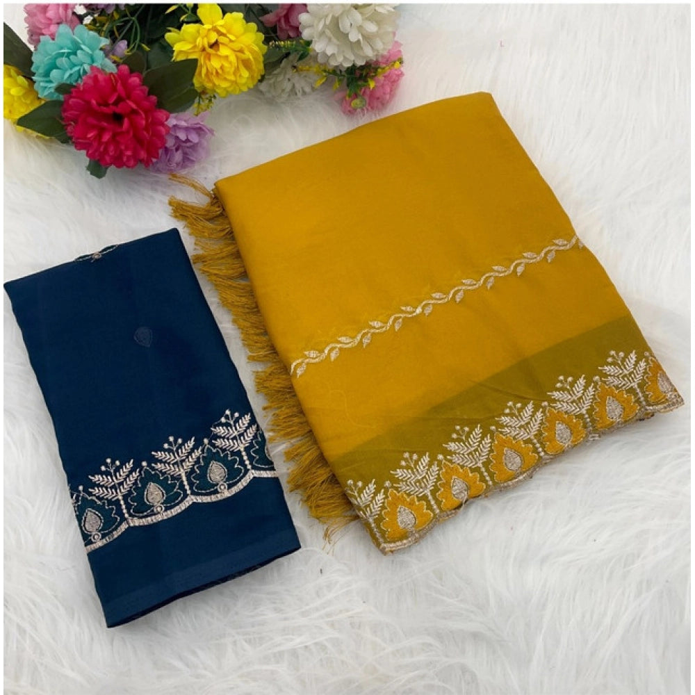 Yellow georgette embroidered saree with unstitched blouse (5.5mtr), traditional Indian fashion wear