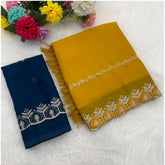 Yellow Georgette embroidered saree with unstitched blouse (5.5Mtr), traditional Indian attire on mannequin