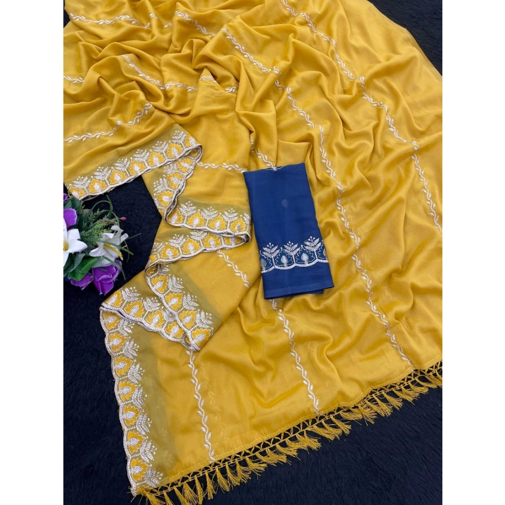 Yellow georgette embroidered saree with unstitched blouse (5.5mtr) - vibrant Indian women's traditional wear