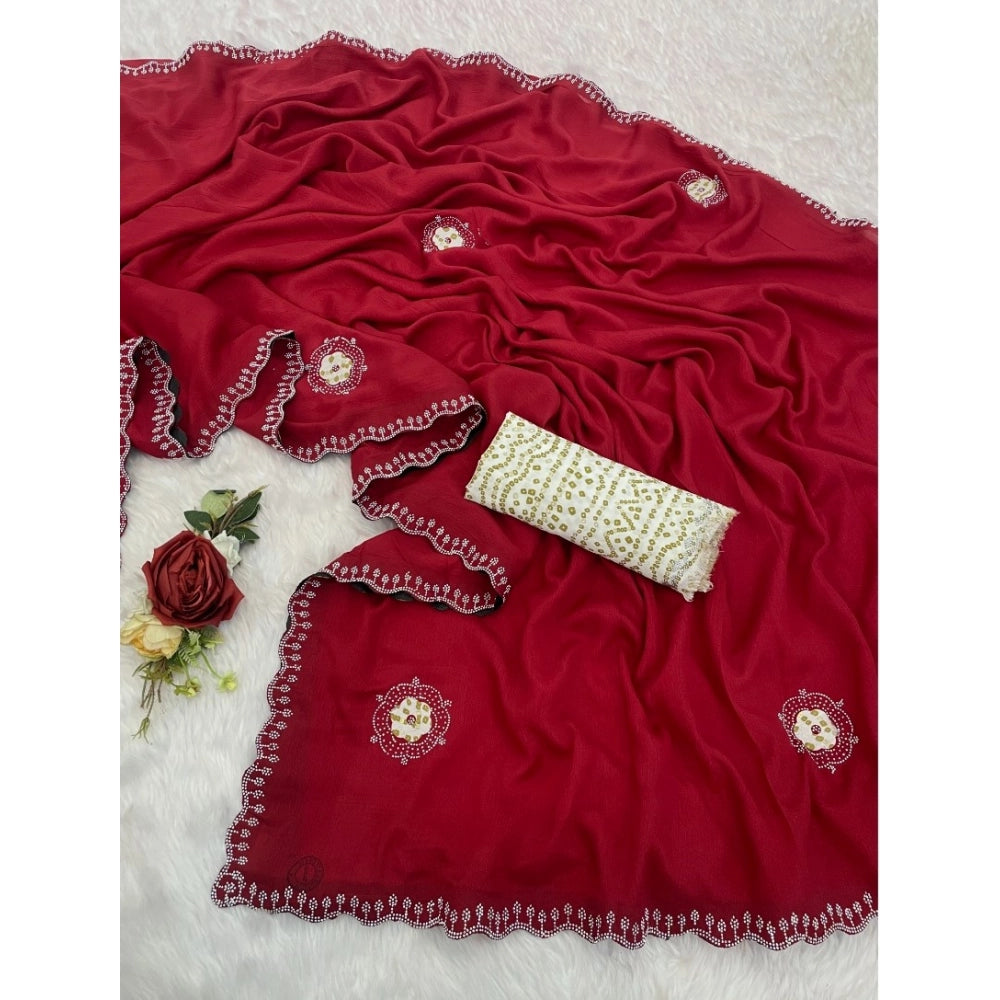 Red chiffon butti dotted saree with unstitched blouse, 5.5mtr for women's traditional Indian wear