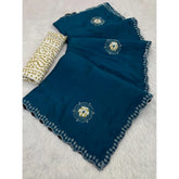 Blue chiffon butti dotted saree with unstitched blouse, 5.5mtr for traditional Indian wear