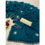 Women's Chiffon Butti Dotted Saree With Unstitched Blouse 5.5Mtr (Blue)