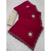 Pink chiffon butti dotted saree with unstitched blouse, 5.5mtr length for traditional Indian wear
