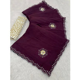 Wine chiffon butti dotted saree with unstitched blouse, 5.5Mtr - traditional Indian women's fashion