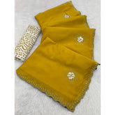 Yellow chiffon butti dotted saree with unstitched blouse, 5.5Mtr length for traditional Indian women's wear