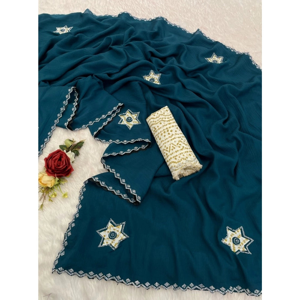 Blue chiffon butti dotted saree with unstitched blouse, stylish Indian wear for women