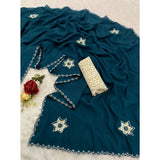 Blue chiffon butti dotted saree with unstitched blouse, stylish Indian wear for women