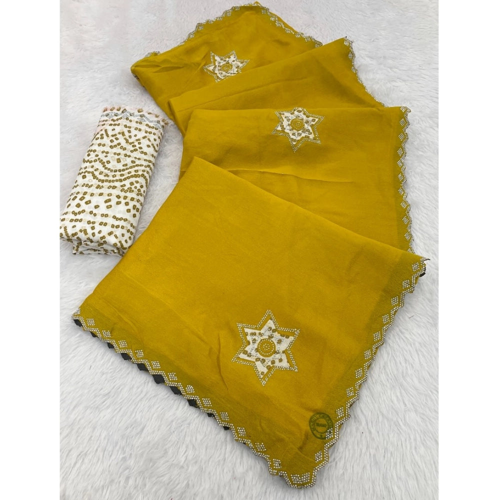 Yellow chiffon butti dotted saree with unstitched blouse (5.5mtr)
