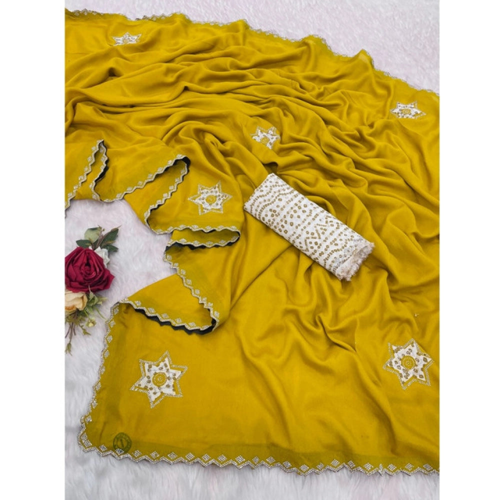 Yellow chiffon butti dotted saree with unstitched blouse, 5.5Mtr - traditional Indian women's fashion accessory