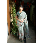 Women's polyester printed saree with unstitched blouse (Rama), vibrant and stylish ethnic wear for festive occasions