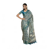 Turquoise polyester printed saree with unstitched blouse (5.5 mtr); vibrant, versatile Indian women's fashion