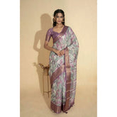 Light purple polyester printed saree with unstitched blouse, vibrant Indian fashion accessory on display