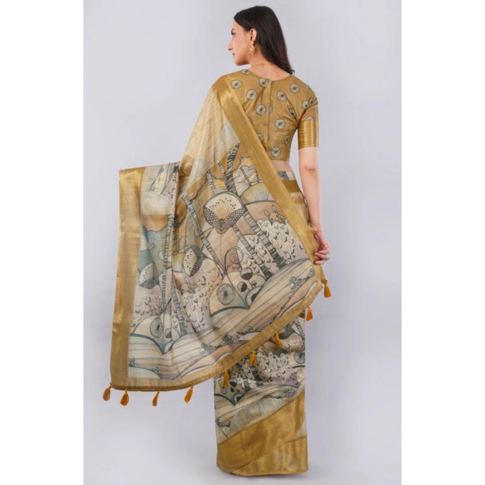 Gold polyester printed ready-to-wear saree with unstitched blouse (5.5 mtr) - vibrant Indian women's fashion accessory
