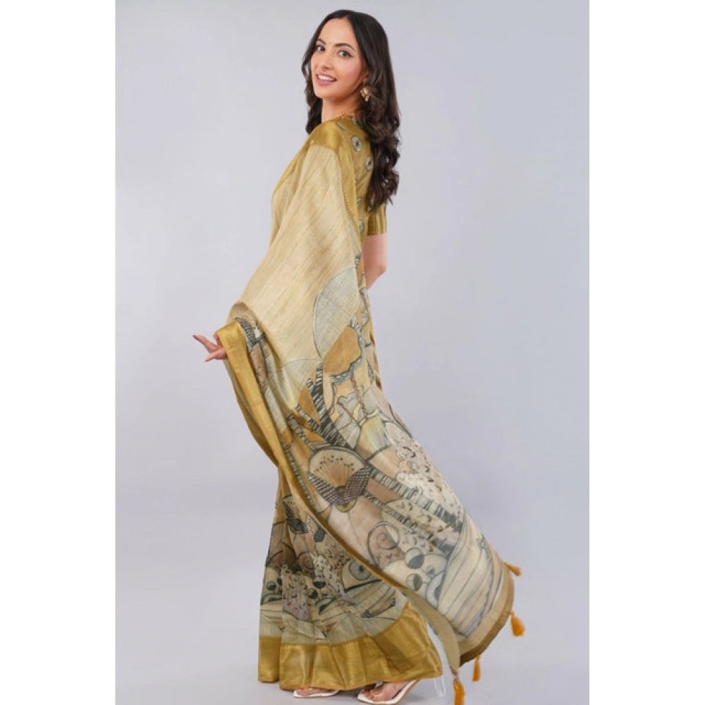 Gold polyester printed ready-to-wear saree with unstitched blouse (5.5mtr), detailed close-up of design pattern visible