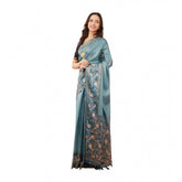 Blue polyester printed saree with unstitched blouse (5.5 mtr) - vibrant Indian traditional attire on mannequin