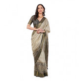 Beige polyester printed ready-to-wear saree with unstitched blouse (5.5 mtr), vibrant design for traditional Indian wear