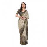 Women's Polyester Printed Ready To Wear Saree With Unstitched Blouse 5.5 Mtr (Beige)