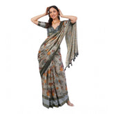 Light grey polyester printed ready-to-wear saree with unstitched blouse, 5.5 mtr length for women's fashion