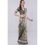 Women's Polyester Printed Ready To Wear Saree With Unstitched Blouse 5.5 Mtr (Light Grey)