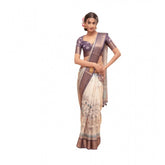 Off-white polyester printed saree with unstitched blouse, vibrant floral design for women's fashion