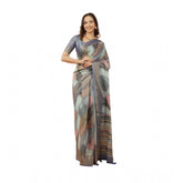 Multicolor printed polyester saree with unstitched blouse, vibrant traditional wear for women