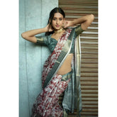Maroon polyester printed saree with unstitched blouse (5.5mtr), traditional Indian attire on mannequin