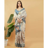 Women's Polyester Printed Saree With Unstitched Blouse 5.5 Mtr (Cream)