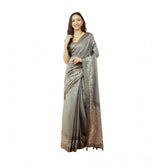 Grey polyester printed saree with unstitched blouse (5.5 mtr) on hanger