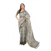 Grey polyester printed saree with unstitched blouse, vibrant design for women's fashion