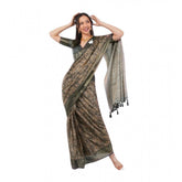 Grey polyester printed ready-to-wear saree with unstitched blouse, 5.5 mtr length