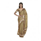 Gold polyester printed saree with unstitched blouse, vibrant design on display