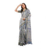 Gray polyester printed saree with unstitched blouse, vibrant pattern detail on display
