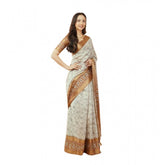 Off-white polyester printed saree with unstitched blouse, vibrant design for traditional Indian wear