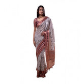 Off-white polyester printed saree with unstitched blouse, vibrant design for women's traditional wear