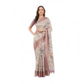 Cream polyester printed saree with unstitched blouse (5.5 mtr), vibrant floral design for traditional Indian wear