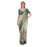 Beige polyester printed ready-to-wear saree with unstitched blouse (5.5mtr), fashionable Indian women's wear on model