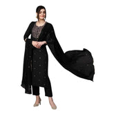 Black Tesla silk embroidered U-neck kurti with pant dupatta set, intricate patterns on luxurious silk fabric