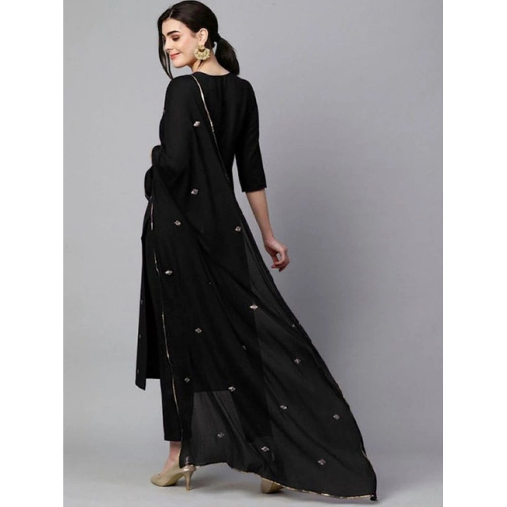 Black Tesla silk embroidered u-neck kurti with pant dupatta set, intricate embroidery detail on women's fashionable ethnic wear
