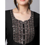 Black Tesla silk embroidered U-neck kurti set with pant dupatta, 3/4 sleeves and calf length