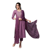 Light purple Tesla silk embroidered kurti and pant dupatta set, 3/4 sleeve, calf length
