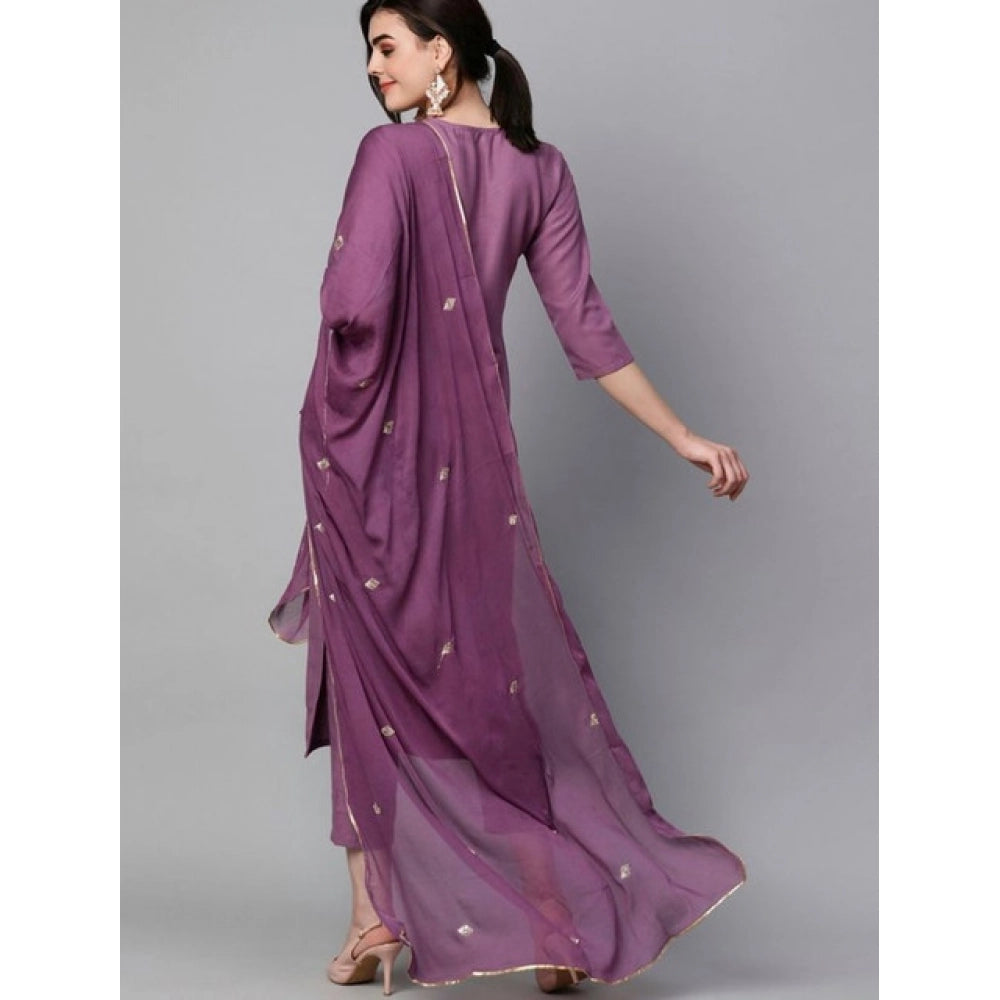 Light Purple Tesla Silk Embroidered Kurti & Pant Dupatta Set - intricate embroidery detail on calf-length U-neck kurti with 3/4 sleeves, accessorized with matching dupatta