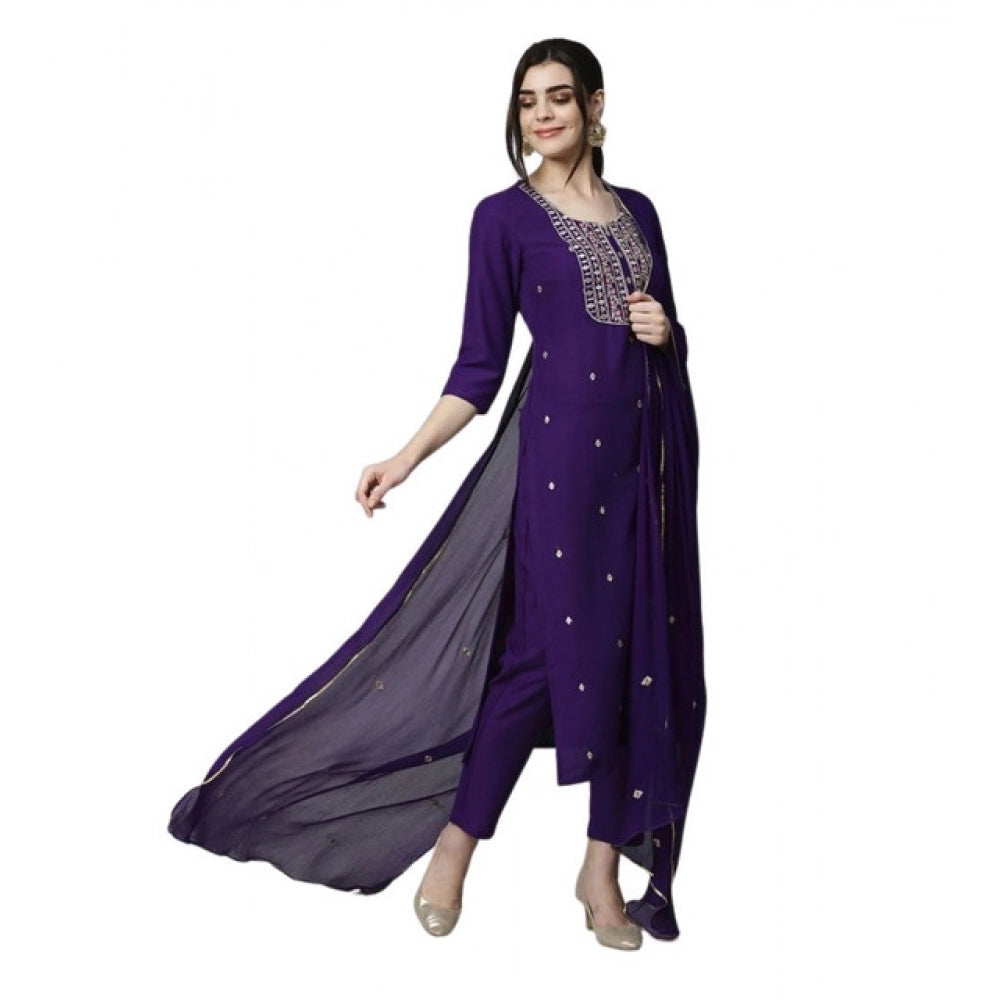 Dark Purple Tesla Silk Embroidered Kurti & Pant Dupatta Set - intricate embroidery detail on women's calf-length U-Neck kurta with matching dupatta