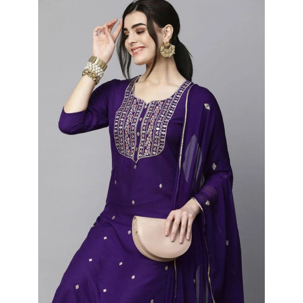 Dark Purple Tesla Silk Embroidered U-Neck Kurti & Pant Dupatta Set - High quality silk embroidery on traditional Indian wear