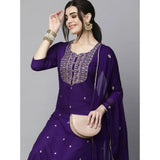 Dark Purple Tesla Silk Embroidered U-Neck Kurti & Pant Dupatta Set - High quality silk embroidery on traditional Indian wear