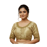 Beige phantom silk embroidered designer neck padded blouse with adjustable fit up to size 42