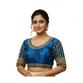 Blue phantom silk embroidered designer blouse with padded detail, alterable up to size 42 (front open hook closure)
