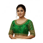 Light green phantom silk embroidered designer blouse with padded shoulders, suitable for sizes up to 42 (alterable)