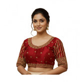 Maroon phantom silk embroidered designer neck padded blouse with regular sleeves, ideal for women's fashion