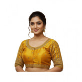 Mustard phantom silk embroidered designer neck blouse with padded detail, ready (alterable up to size 42)