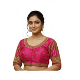 Pink phantom silk embroidered designer blouse with padded detail, alterable up to size 42
